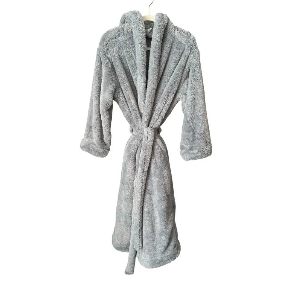 Pottery Barn Fireside Cozy Plush Robe Cloud Blue Hood Pockets Bath Medium